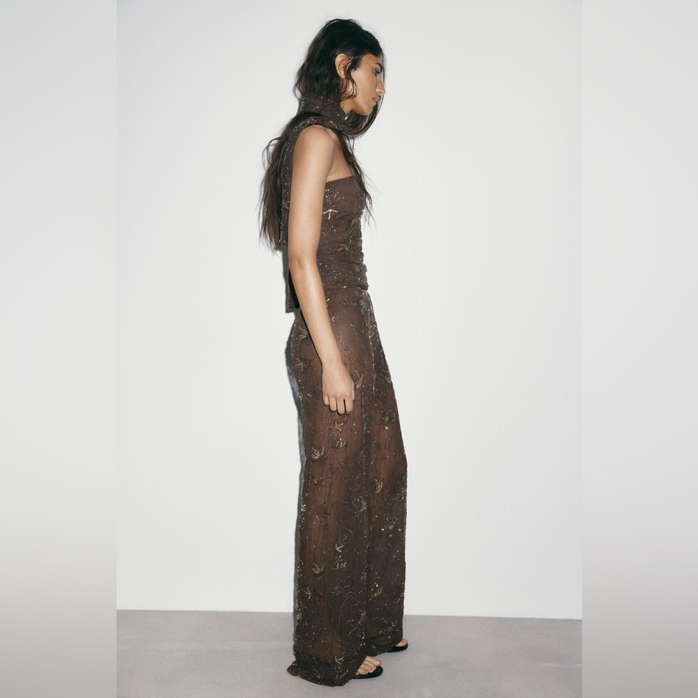🆕(NWT) ZARA **VIRAL** Embroidered Sequin Beaded Tulle Top and Pants Set. SMALL - Picture 9 of 15